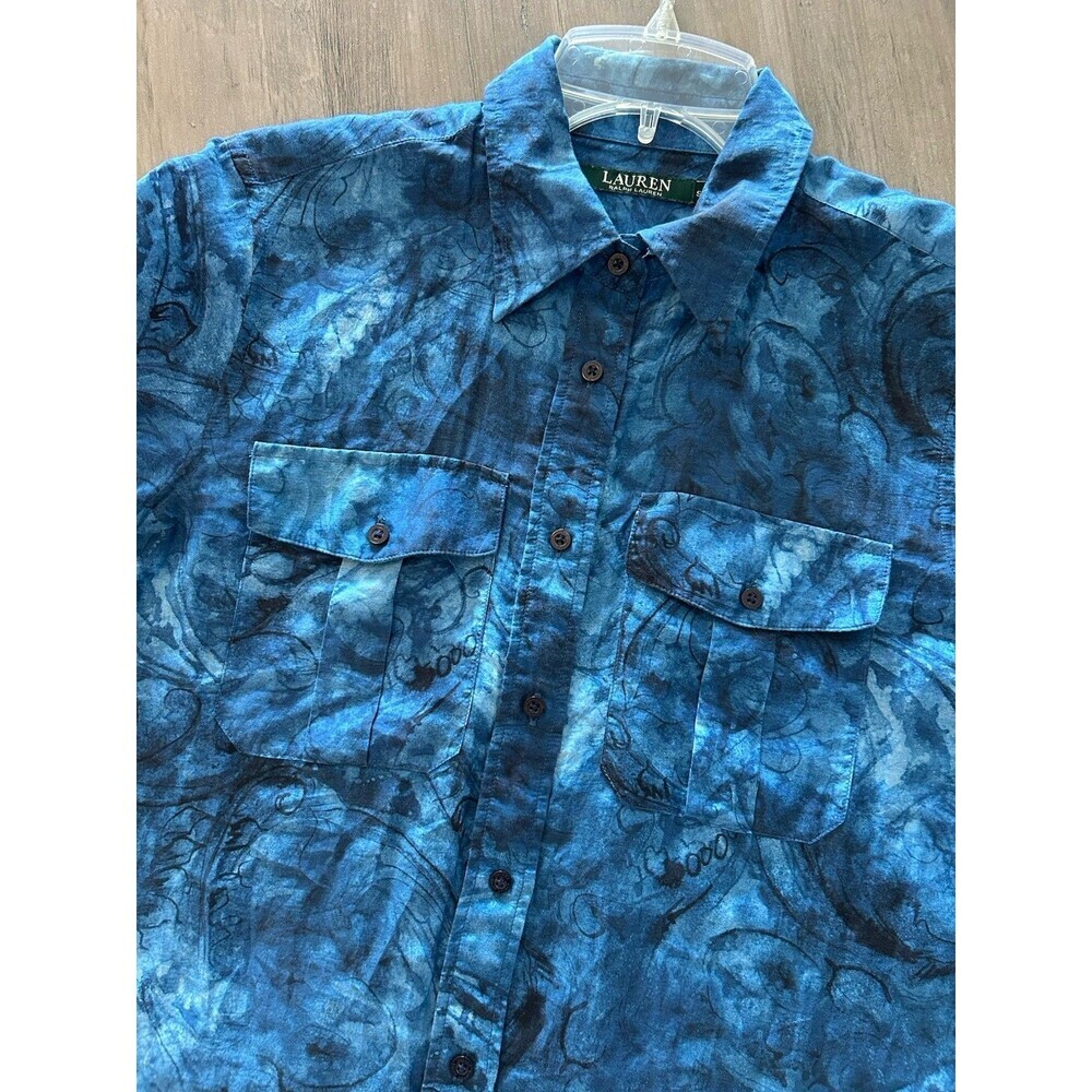 Lauren Ralph Lauren Tie Dye Graphic Button Down Shirt Blue Long Sleeve S